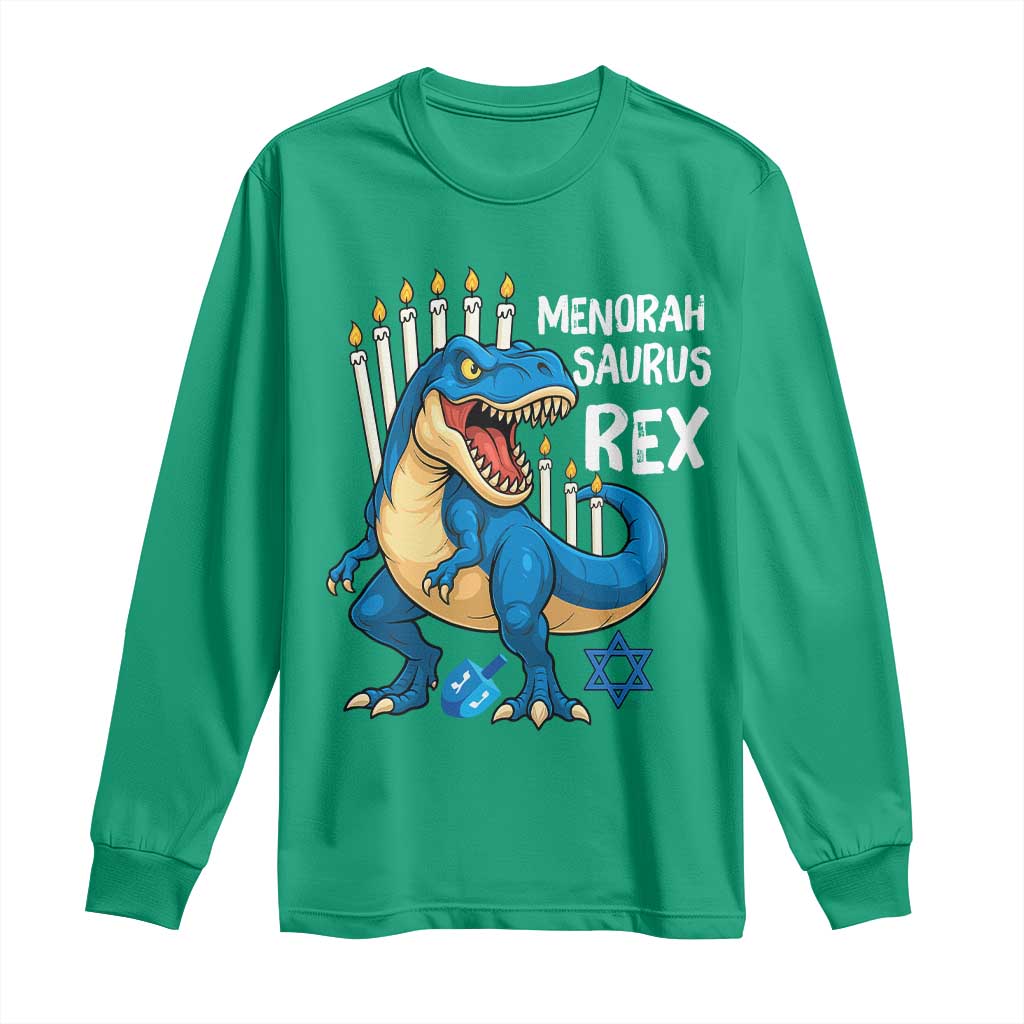 Funny Hanukkah Dinosaur Long Sleeve Shirt Menorasaurus Rex Jewish Holiday Chanukkah - Wonder Print Shop