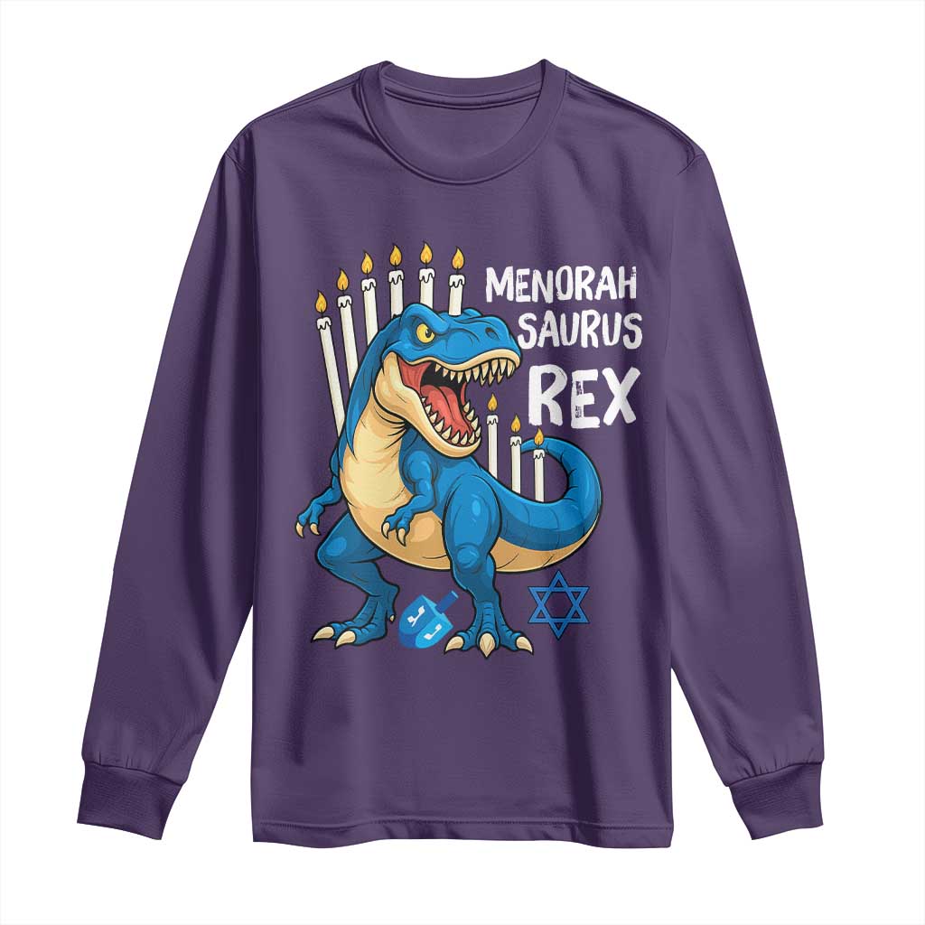 Funny Hanukkah Dinosaur Long Sleeve Shirt Menorasaurus Rex Jewish Holiday Chanukkah - Wonder Print Shop