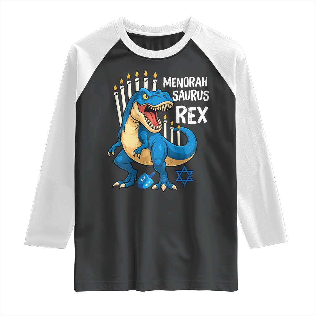 Funny Hanukkah Dinosaur Raglan Shirt Menorasaurus Rex Jewish Holiday Chanukkah - Wonder Print Shop