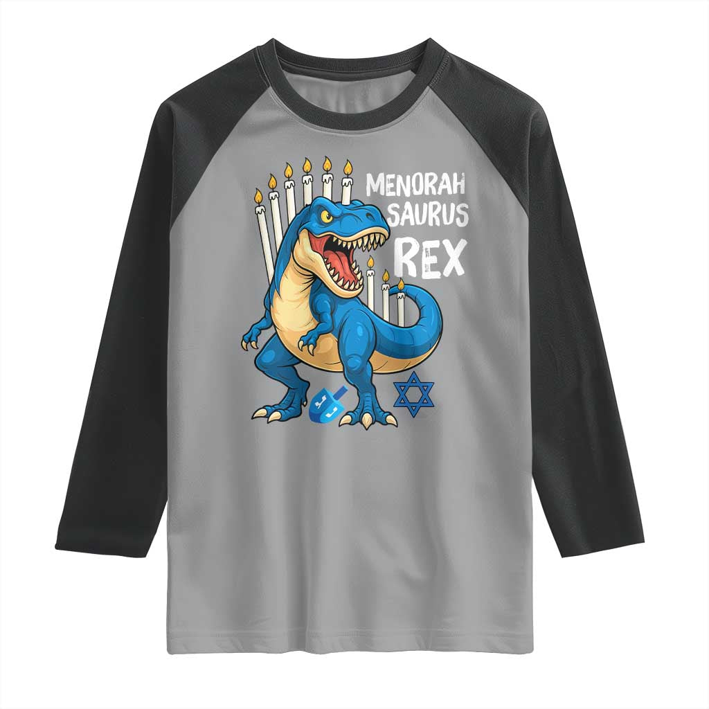 Funny Hanukkah Dinosaur Raglan Shirt Menorasaurus Rex Jewish Holiday Chanukkah - Wonder Print Shop