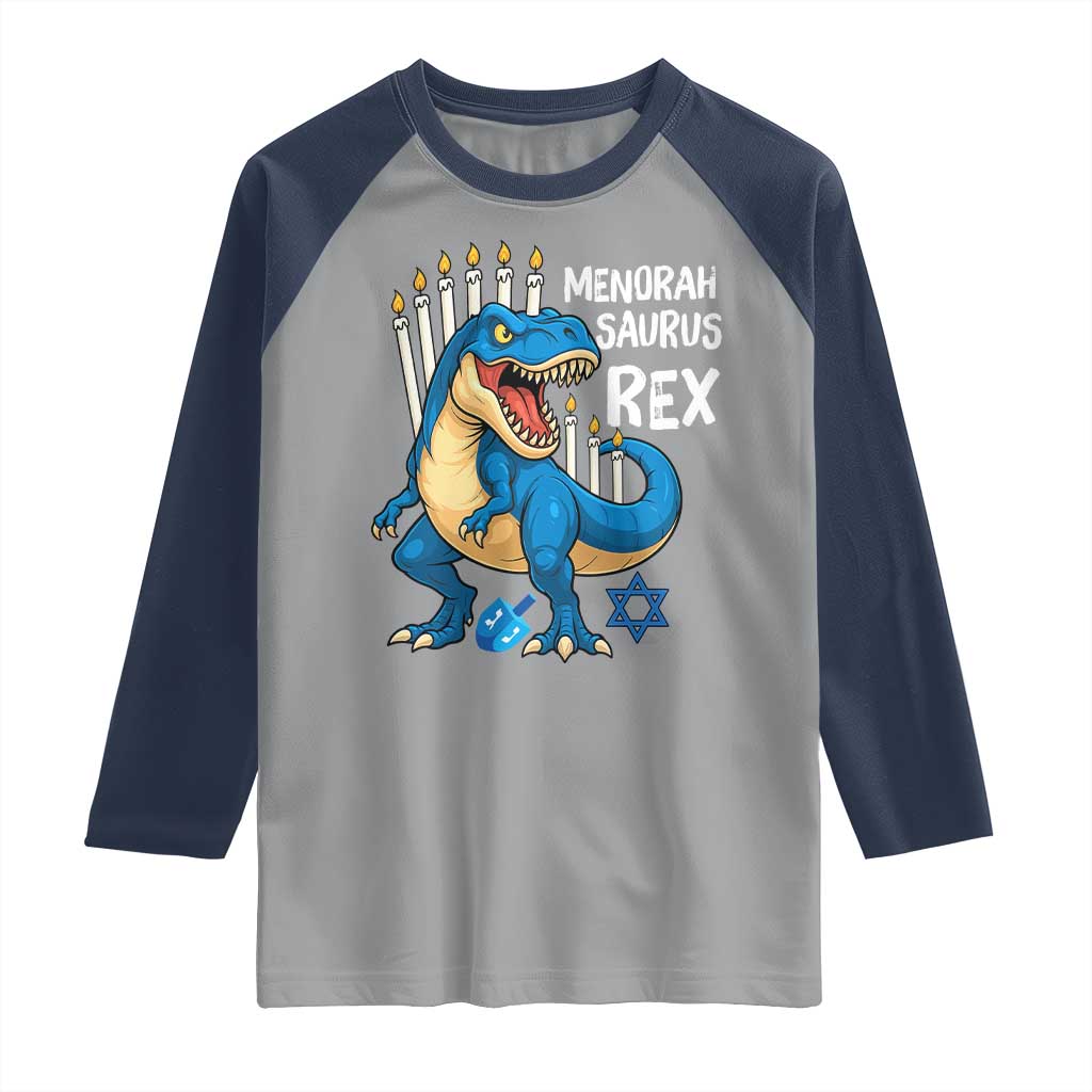 Funny Hanukkah Dinosaur Raglan Shirt Menorasaurus Rex Jewish Holiday Chanukkah - Wonder Print Shop