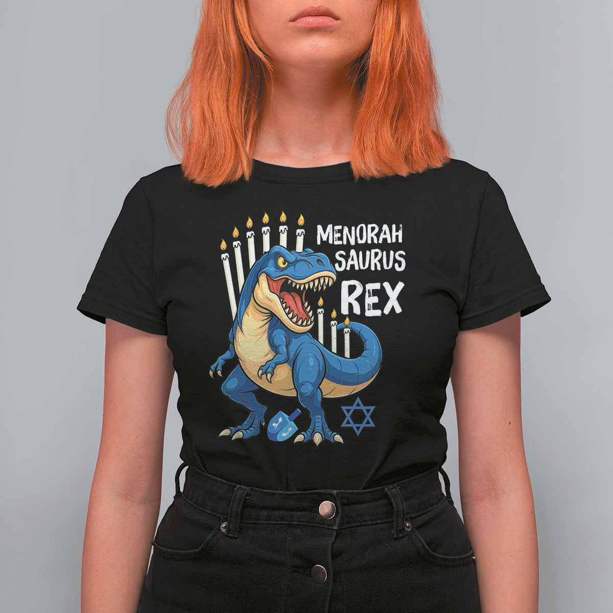 Funny Hanukkah Dinosaur T Shirt For Women Menorasaurus Rex Jewish Holiday Chanukkah - Wonder Print Shop