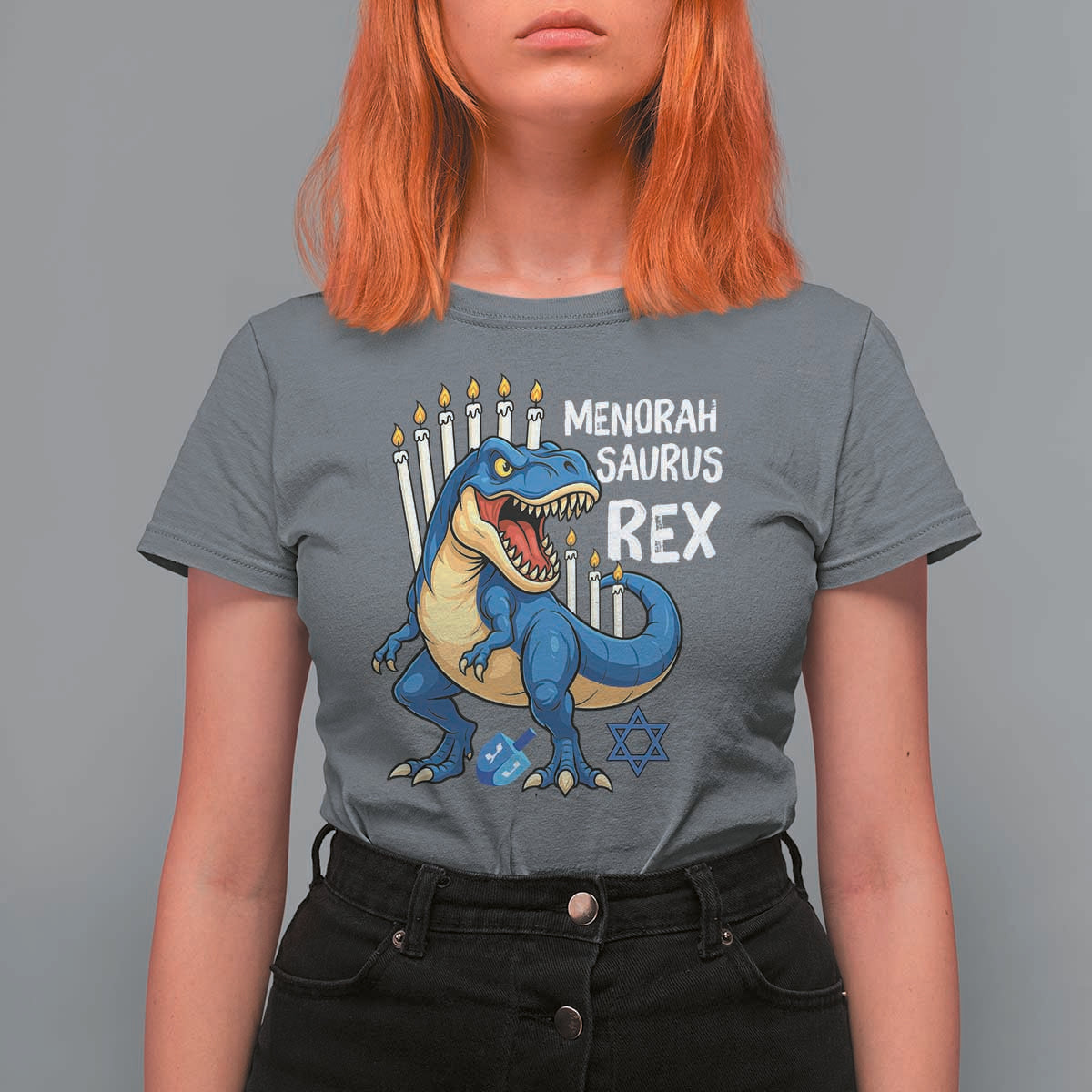 Funny Hanukkah Dinosaur T Shirt For Women Menorasaurus Rex Jewish Holiday Chanukkah - Wonder Print Shop