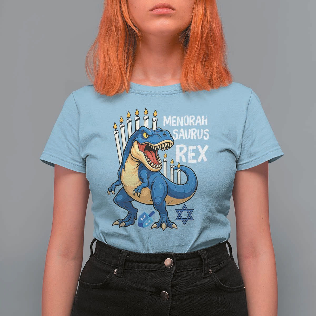 Funny Hanukkah Dinosaur T Shirt For Women Menorasaurus Rex Jewish Holiday Chanukkah - Wonder Print Shop
