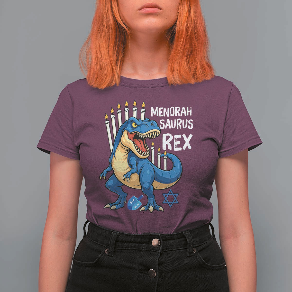 Funny Hanukkah Dinosaur T Shirt For Women Menorasaurus Rex Jewish Holiday Chanukkah - Wonder Print Shop