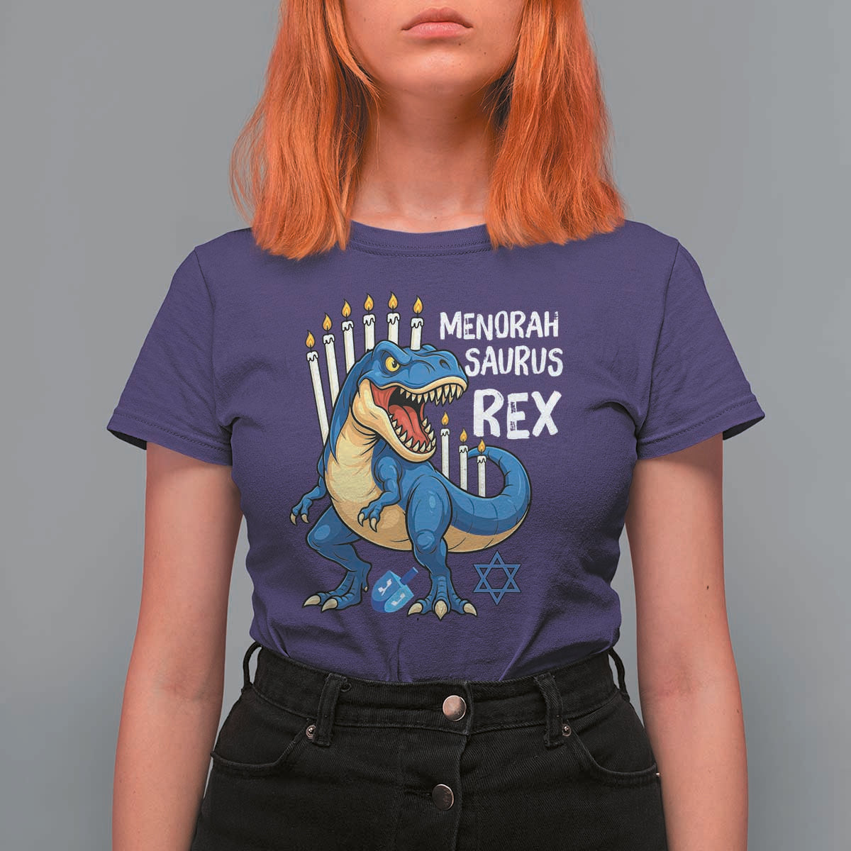 Funny Hanukkah Dinosaur T Shirt For Women Menorasaurus Rex Jewish Holiday Chanukkah - Wonder Print Shop