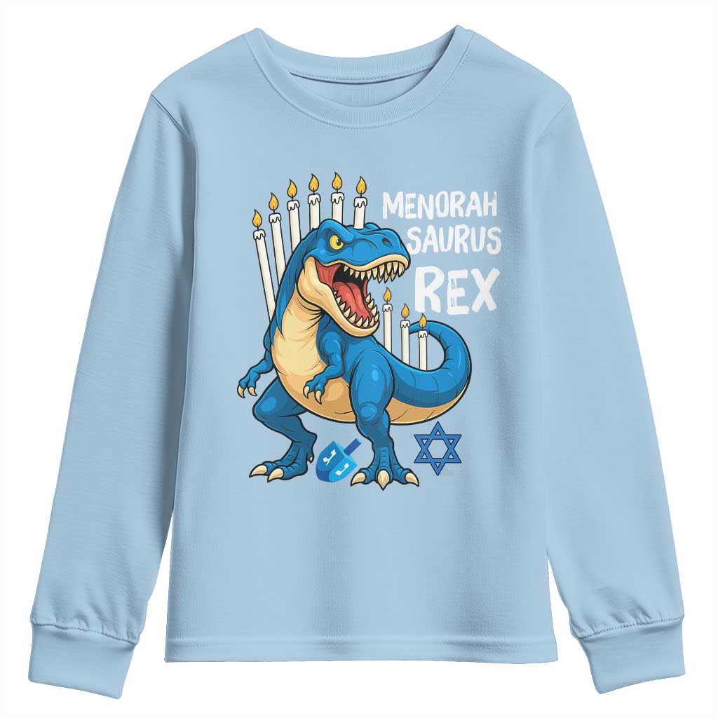 Funny Hanukkah Dinosaur Youth Sweatshirt Menorasaurus Rex Jewish Holiday Chanukkah - Wonder Print Shop
