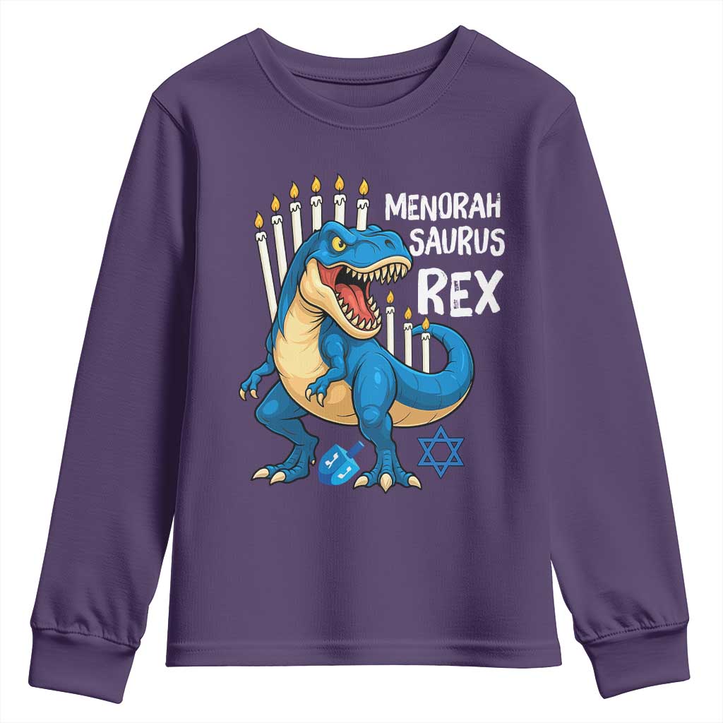 Funny Hanukkah Dinosaur Youth Sweatshirt Menorasaurus Rex Jewish Holiday Chanukkah - Wonder Print Shop