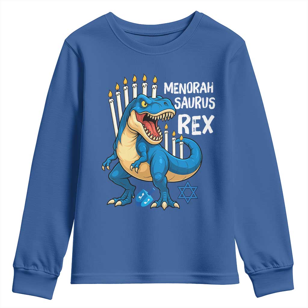 Funny Hanukkah Dinosaur Youth Sweatshirt Menorasaurus Rex Jewish Holiday Chanukkah - Wonder Print Shop