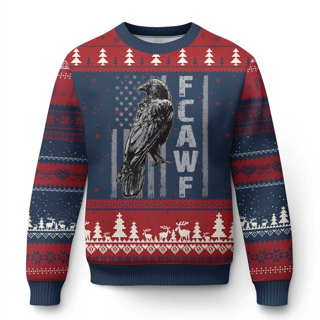 Funny F CAW F Crow Ugly Christmas Sweater Vintage American Flag - Wonder Print Shop