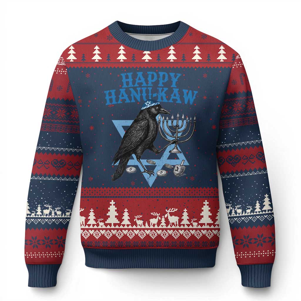 Funny Hanukkah Crow Ugly Christmas Sweater Happy Hanukaw Jewish Holiday Chanukah Menorah - Wonder Print Shop