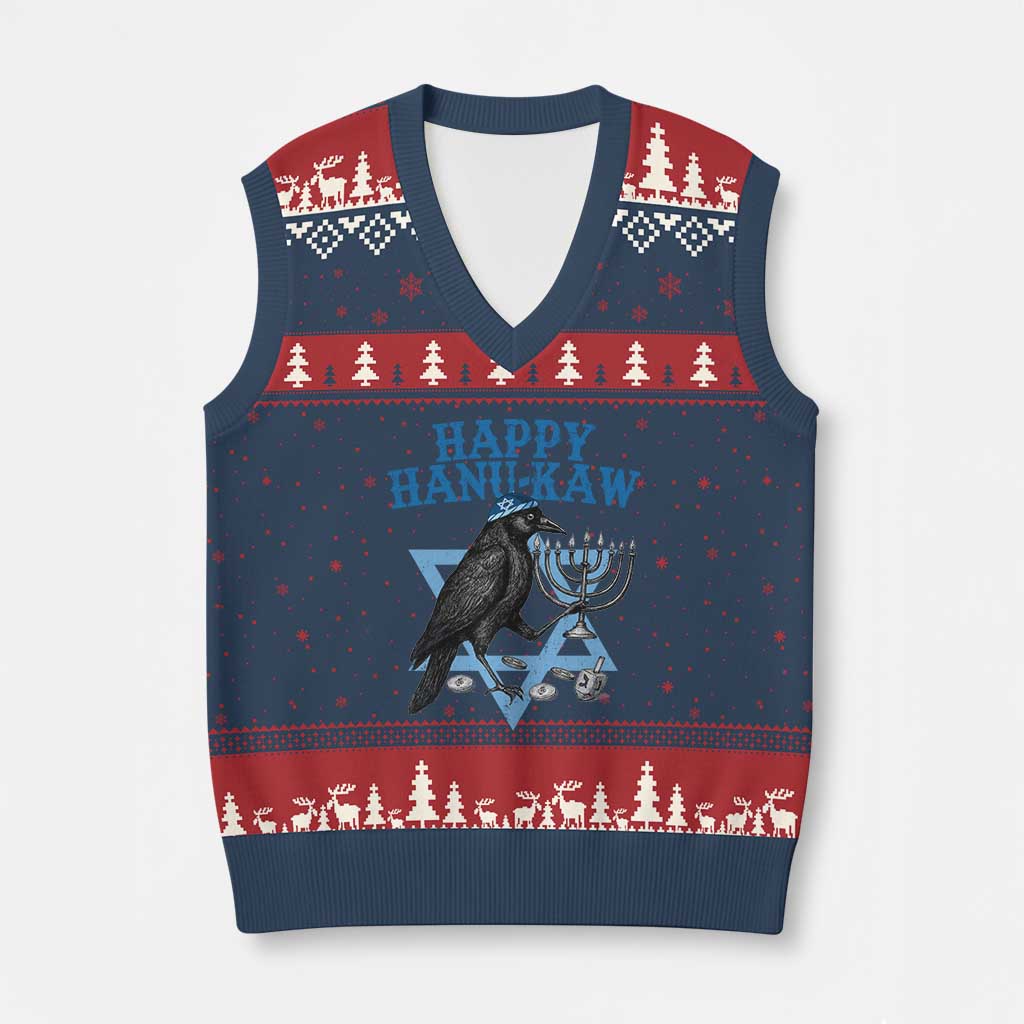 Funny Hanukkah Crow V-Neck Knit Sweater Vest Happy Hanukaw Jewish Holiday Chanukah Menorah - Wonder Print Shop
