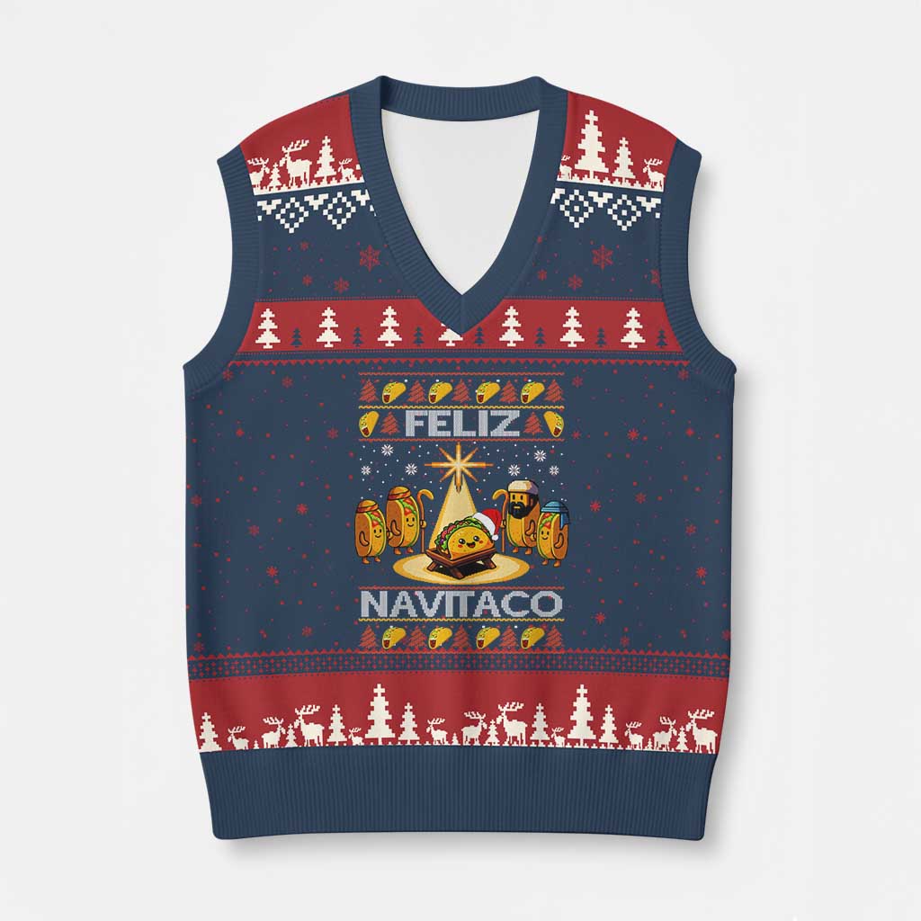 Funny Tacos Xmas Nativity Scene V-Neck Knit Sweater Vest Feliz Navitaco Mexican Food - Wonder Print Shop