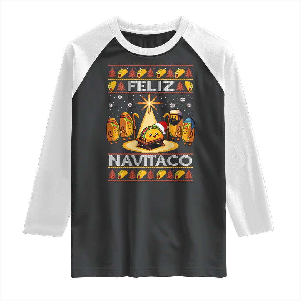 Funny Tacos Christmas Nativity Scene Raglan Shirt Feliz Navitaco Mexican Food - Wonder Print Shop