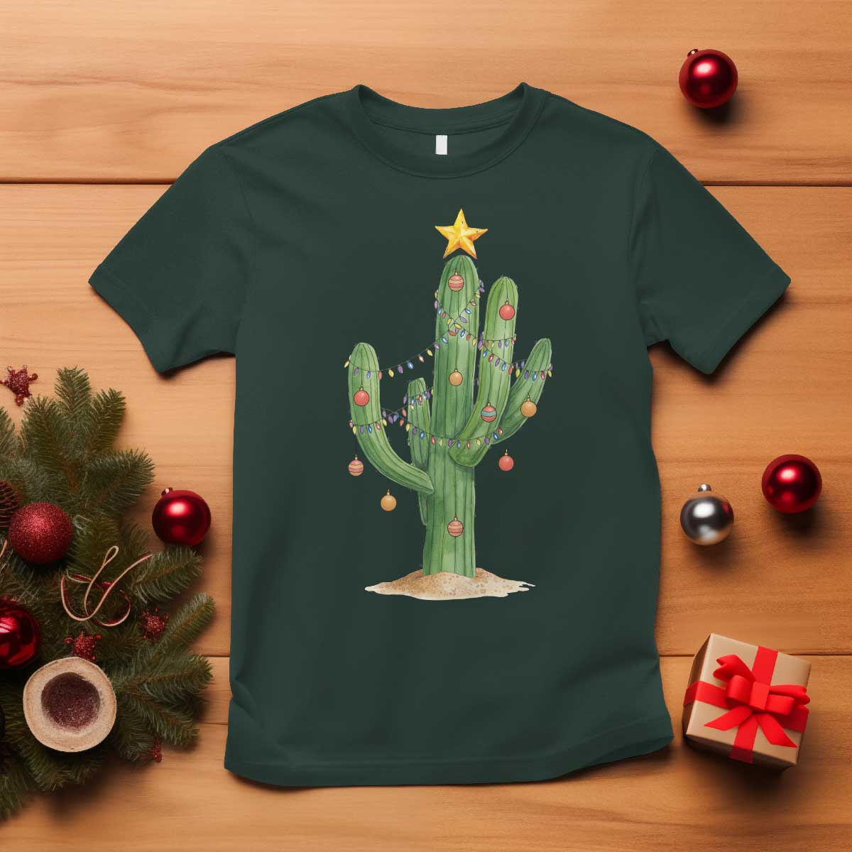 Funny Cactus Christmas Xmas Trees Lights Santa Hat Cactus Lovers T Shirt - Wonder Print Shop