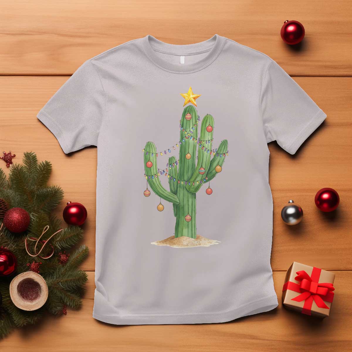Funny Cactus Christmas Xmas Trees Lights Santa Hat Cactus Lovers T Shirt - Wonder Print Shop