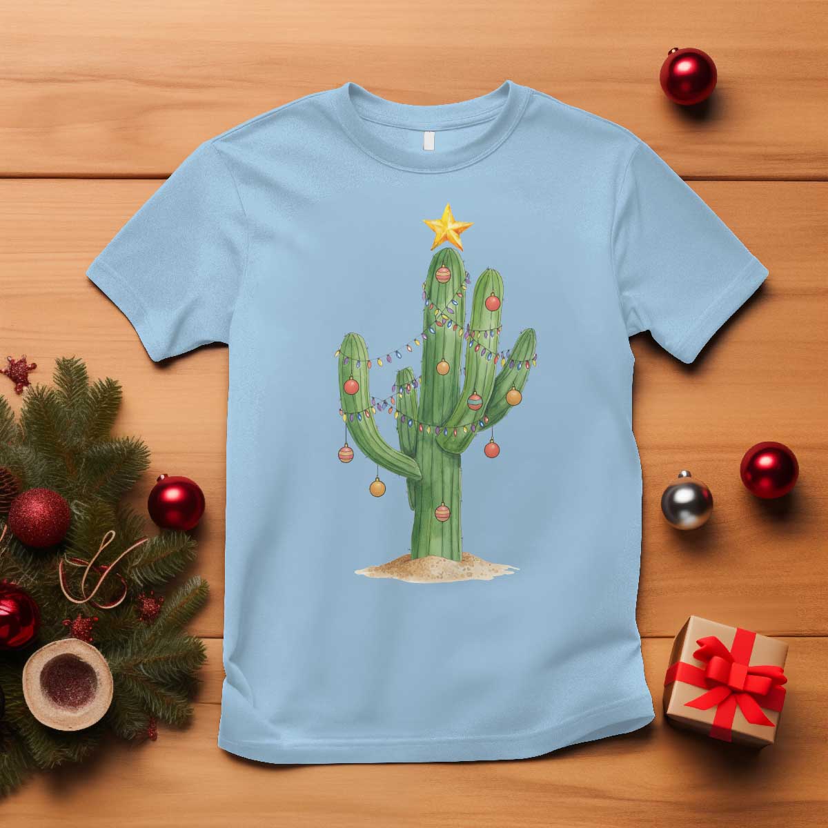Funny Cactus Christmas Xmas Trees Lights Santa Hat Cactus Lovers T Shirt - Wonder Print Shop