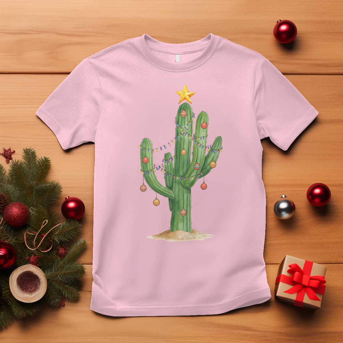 Funny Cactus Christmas Xmas Trees Lights Santa Hat Cactus Lovers T Shirt - Wonder Print Shop