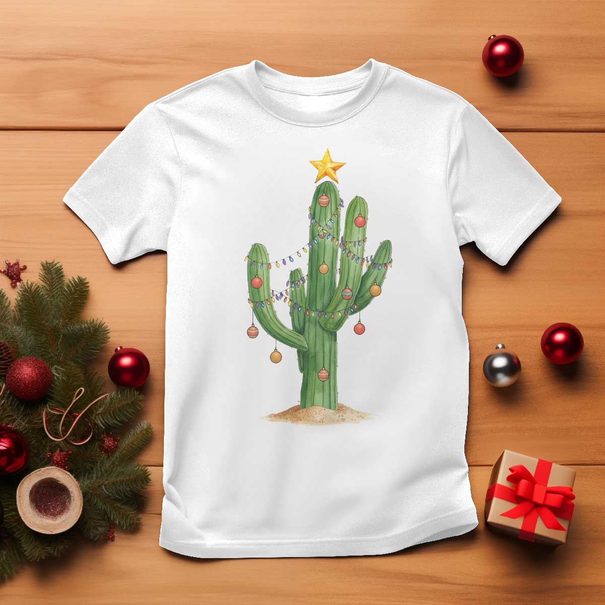 Funny Cactus Christmas Xmas Trees Lights Santa Hat Cactus Lovers T Shirt - Wonder Print Shop