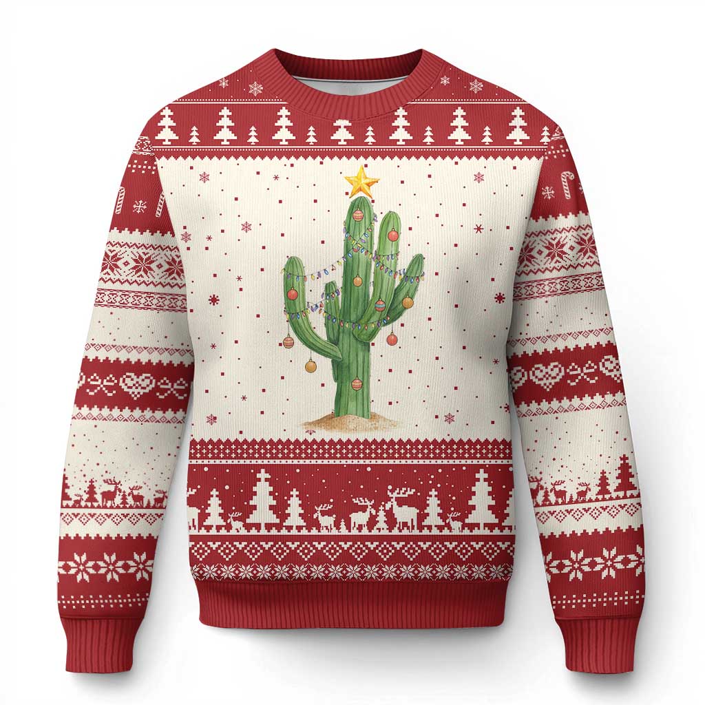 Funny Cactus Christmas Xmas Trees Lights Santa Hat Cactus Lovers Ugly Christmas Sweater - Wonder Print Shop