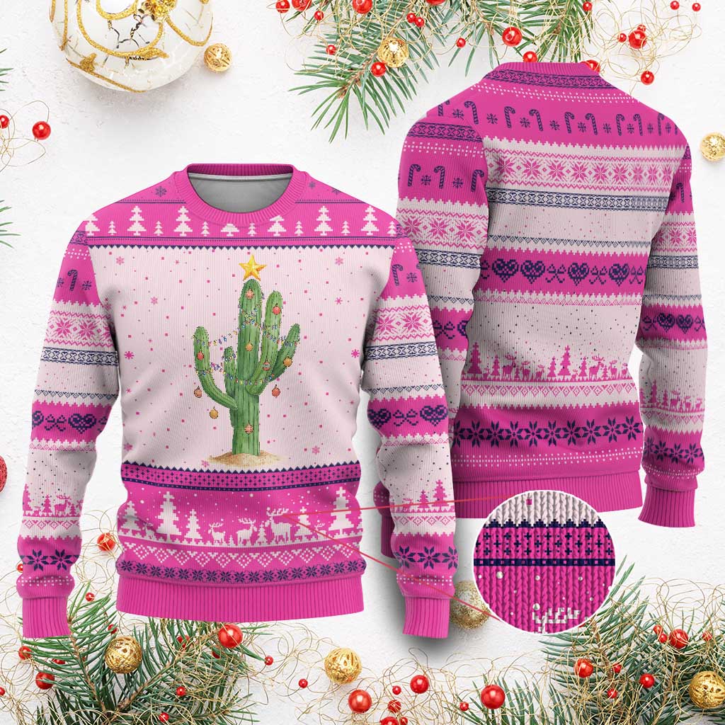 Funny Cactus Christmas Xmas Trees Lights Santa Hat Cactus Lovers Ugly Christmas Sweater - Wonder Print Shop