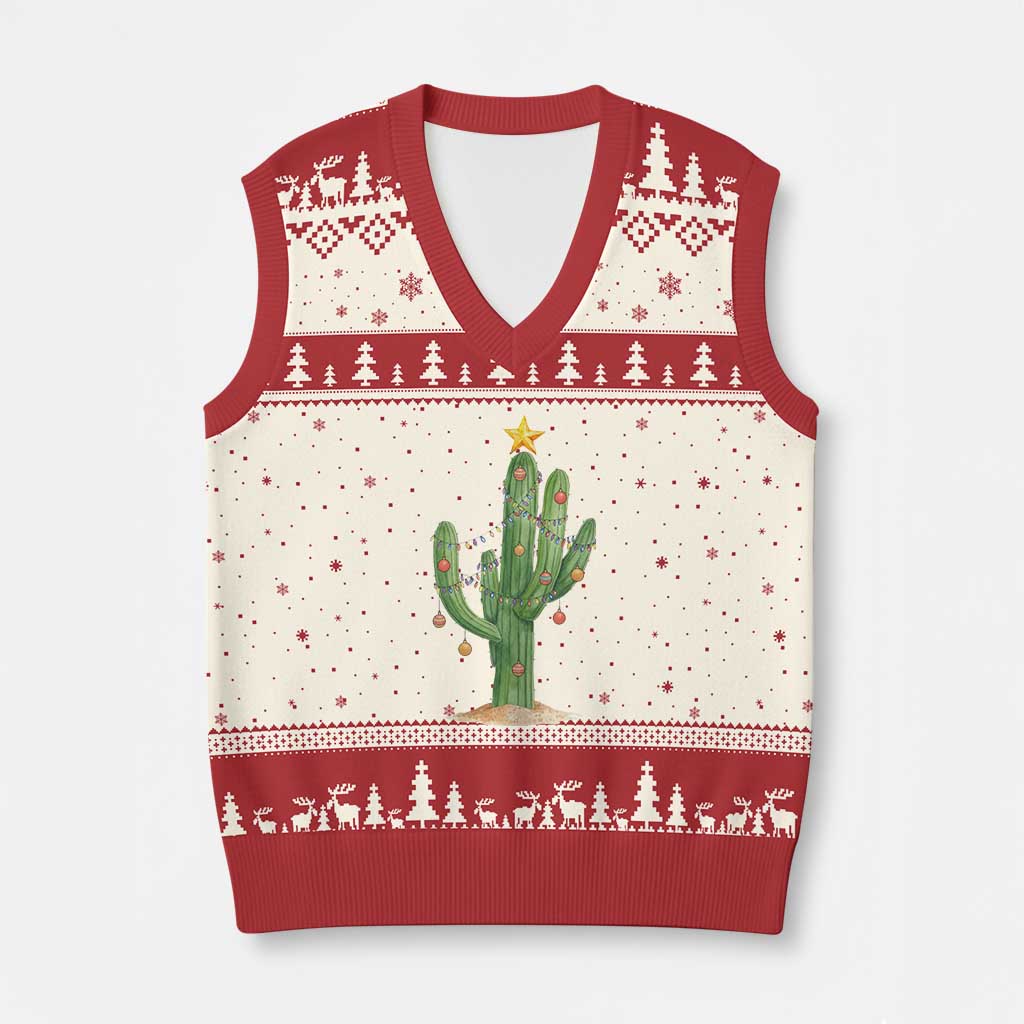 Funny Cactus Christmas Xmas Trees Lights Santa Hat Cactus Lovers V-Neck Knit Sweater Vest - Wonder Print Shop