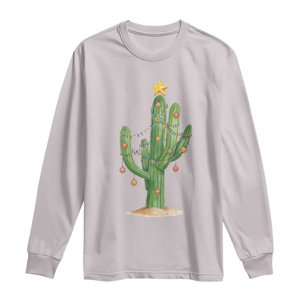 Funny Cactus Christmas Xmas Trees Lights Santa Hat Cactus Lovers Long Sleeve Shirt - Wonder Print Shop