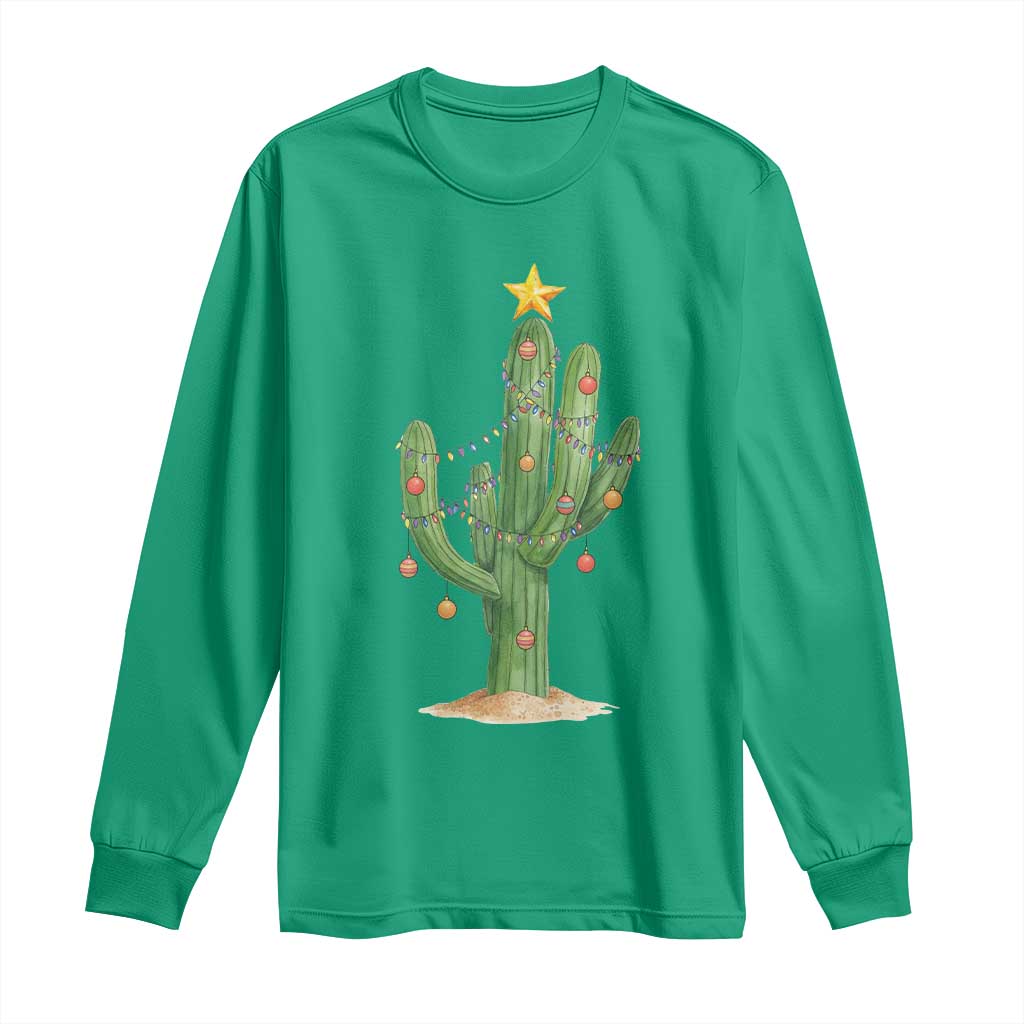 Funny Cactus Christmas Xmas Trees Lights Santa Hat Cactus Lovers Long Sleeve Shirt - Wonder Print Shop
