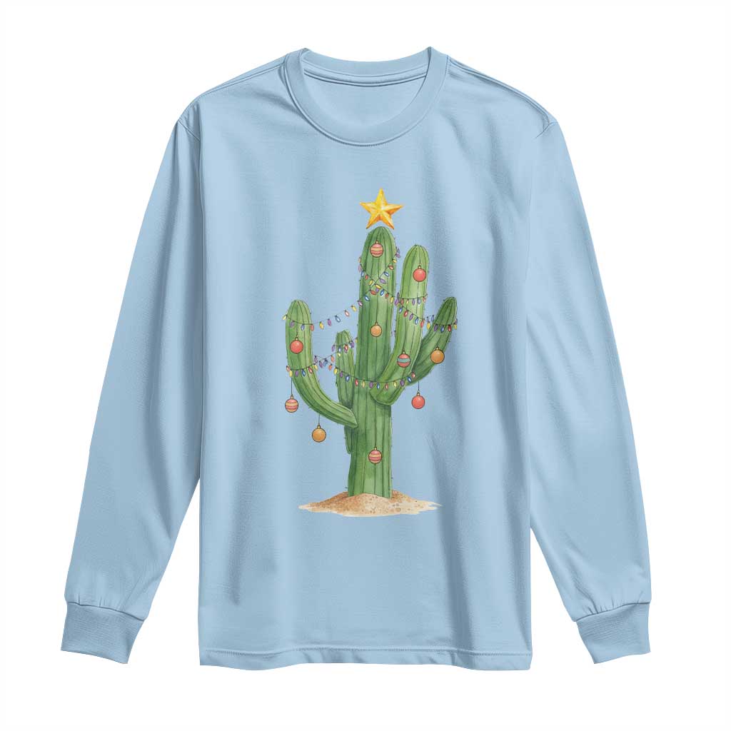 Funny Cactus Christmas Xmas Trees Lights Santa Hat Cactus Lovers Long Sleeve Shirt - Wonder Print Shop