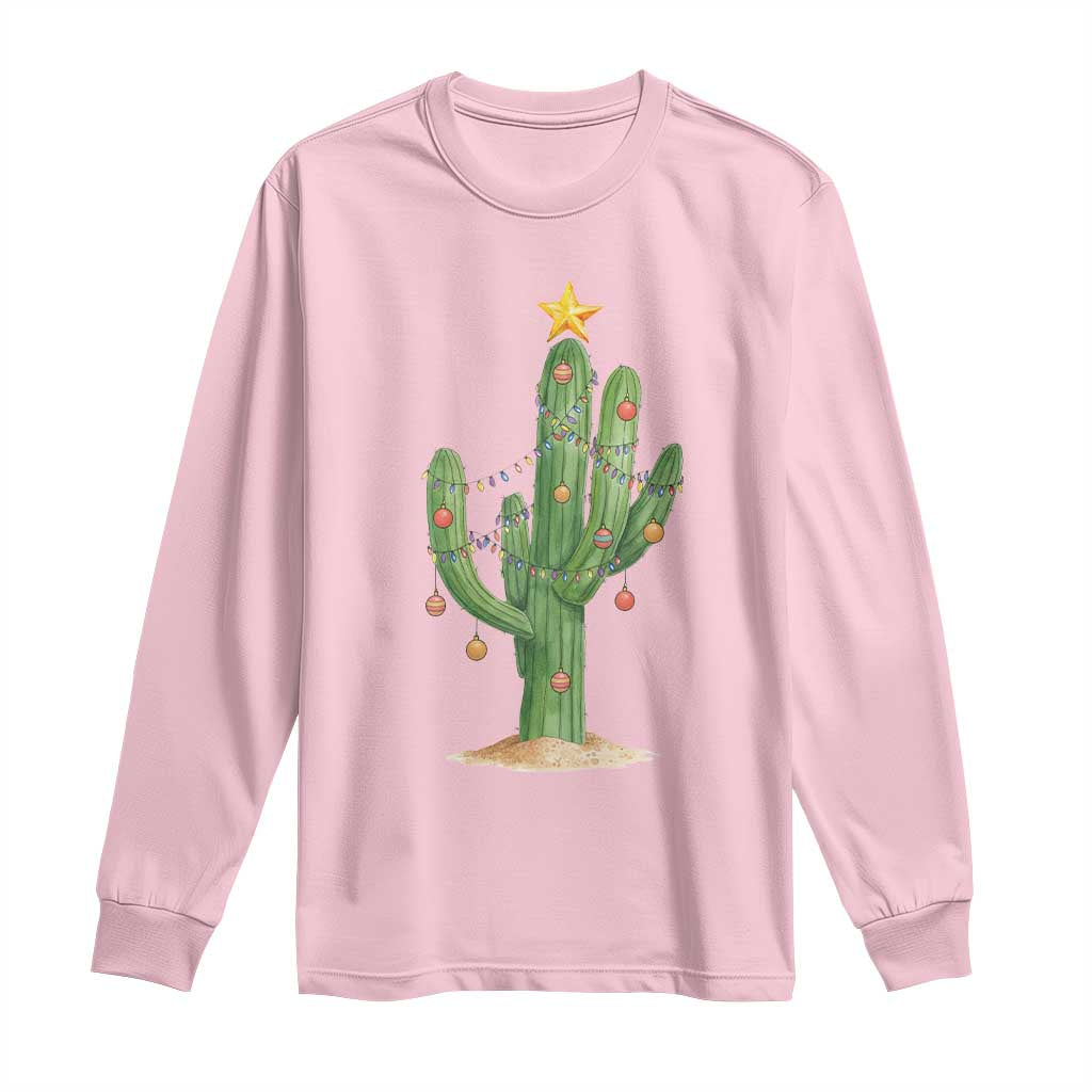 Funny Cactus Christmas Xmas Trees Lights Santa Hat Cactus Lovers Long Sleeve Shirt - Wonder Print Shop