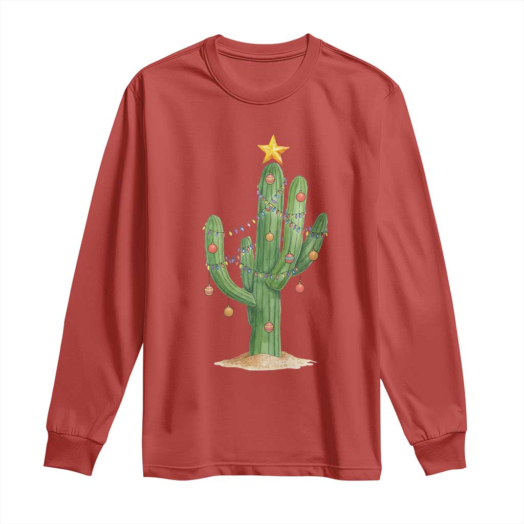 Funny Cactus Christmas Xmas Trees Lights Santa Hat Cactus Lovers Long Sleeve Shirt - Wonder Print Shop