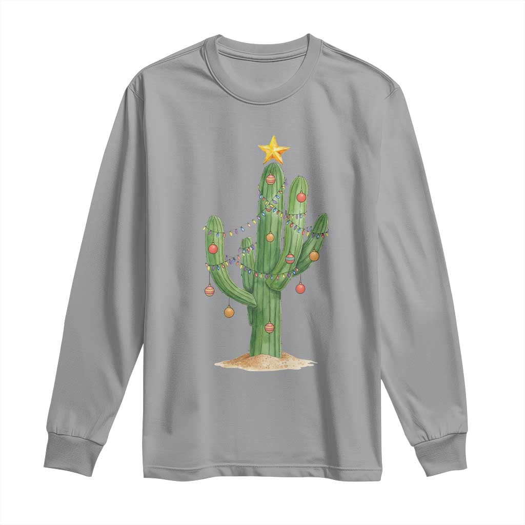 Funny Cactus Christmas Xmas Trees Lights Santa Hat Cactus Lovers Long Sleeve Shirt - Wonder Print Shop