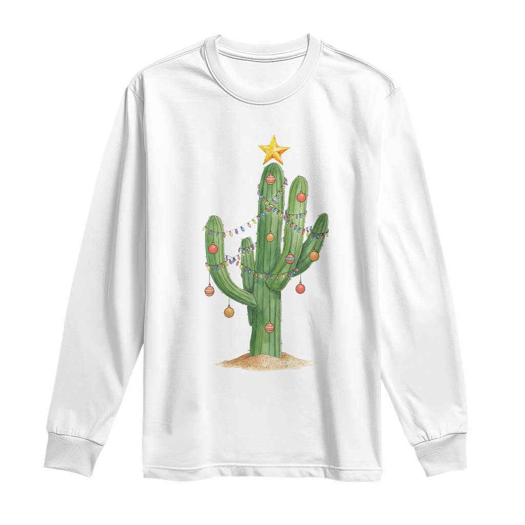 Funny Cactus Christmas Xmas Trees Lights Santa Hat Cactus Lovers Long Sleeve Shirt - Wonder Print Shop