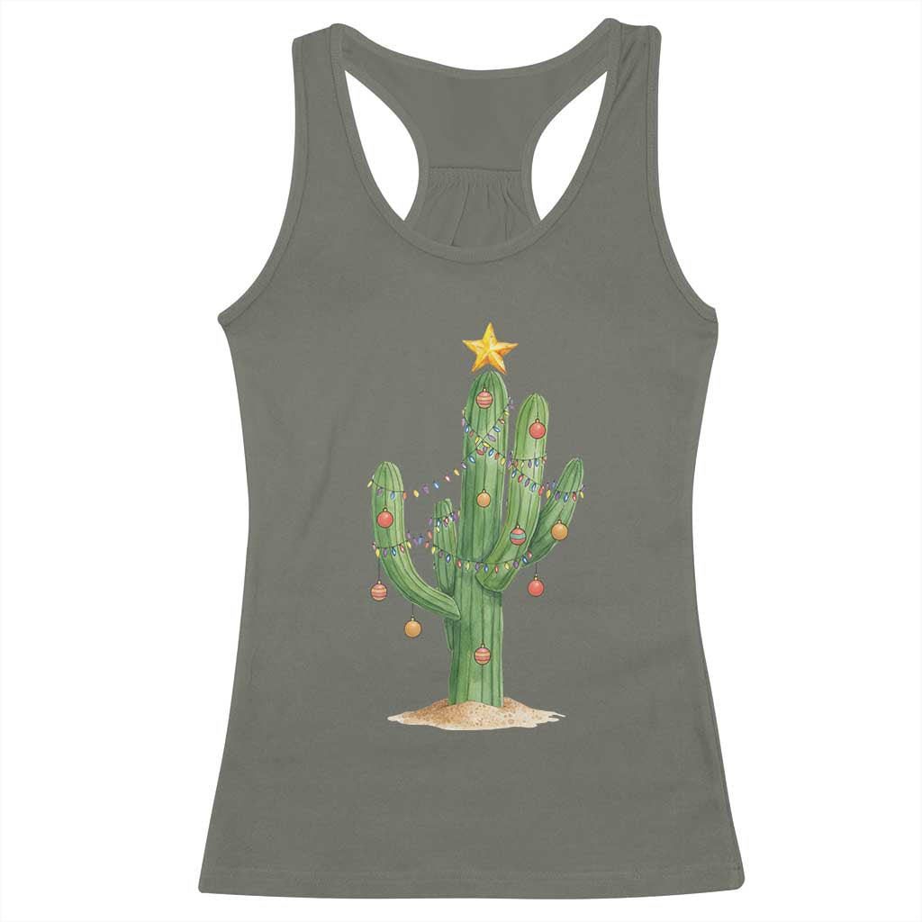 Funny Cactus Christmas Xmas Trees Lights Santa Hat Cactus Lovers Racerback Tank Top - Wonder Print Shop