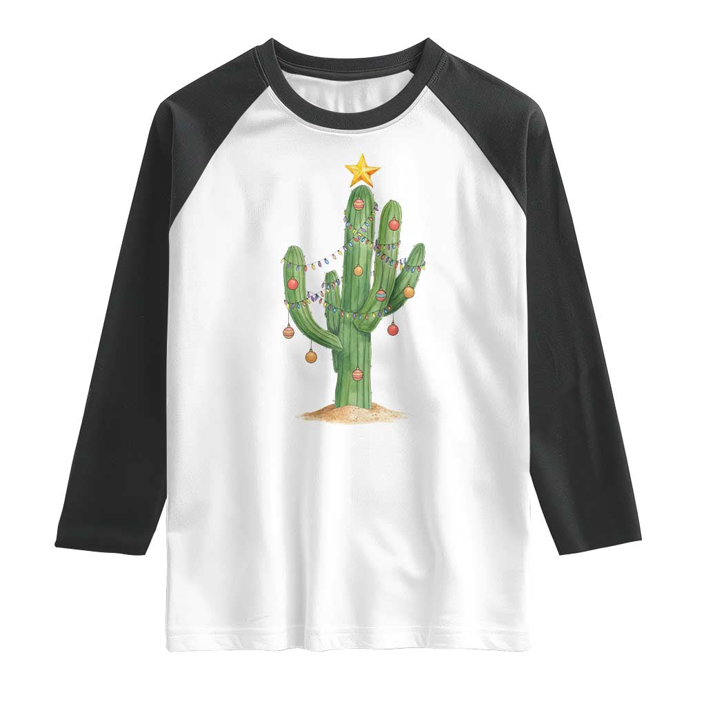 Funny Cactus Christmas Xmas Trees Lights Santa Hat Cactus Lovers Raglan Shirt - Wonder Print Shop