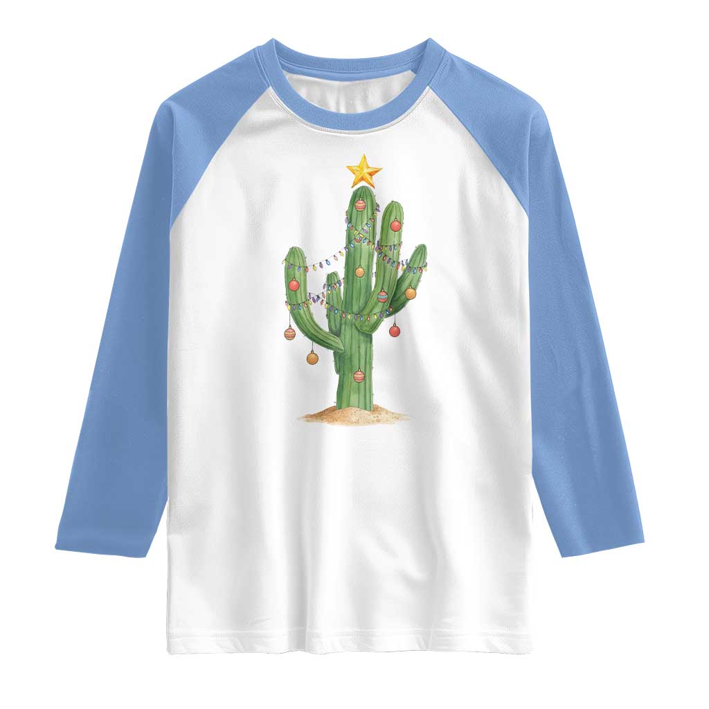 Funny Cactus Christmas Xmas Trees Lights Santa Hat Cactus Lovers Raglan Shirt - Wonder Print Shop