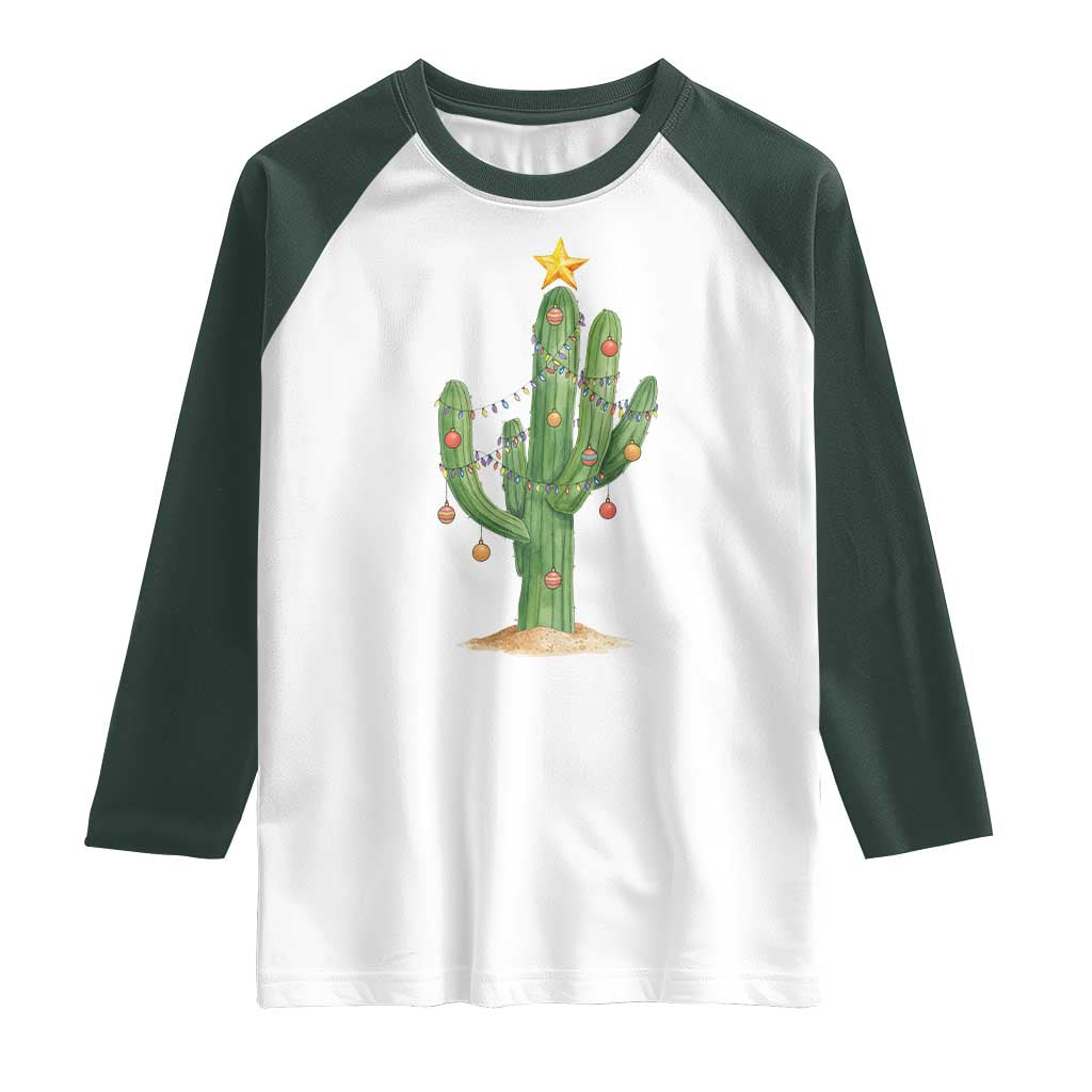 Funny Cactus Christmas Xmas Trees Lights Santa Hat Cactus Lovers Raglan Shirt - Wonder Print Shop