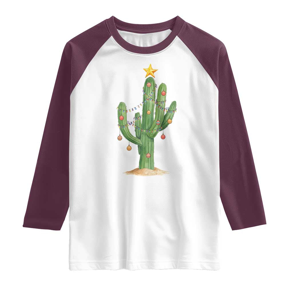 Funny Cactus Christmas Xmas Trees Lights Santa Hat Cactus Lovers Raglan Shirt - Wonder Print Shop