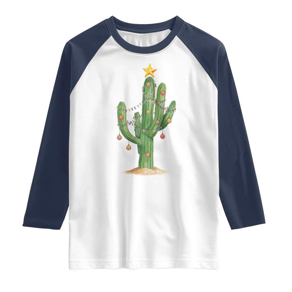Funny Cactus Christmas Xmas Trees Lights Santa Hat Cactus Lovers Raglan Shirt - Wonder Print Shop