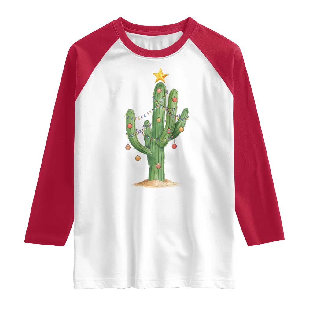 Funny Cactus Christmas Xmas Trees Lights Santa Hat Cactus Lovers Raglan Shirt - Wonder Print Shop