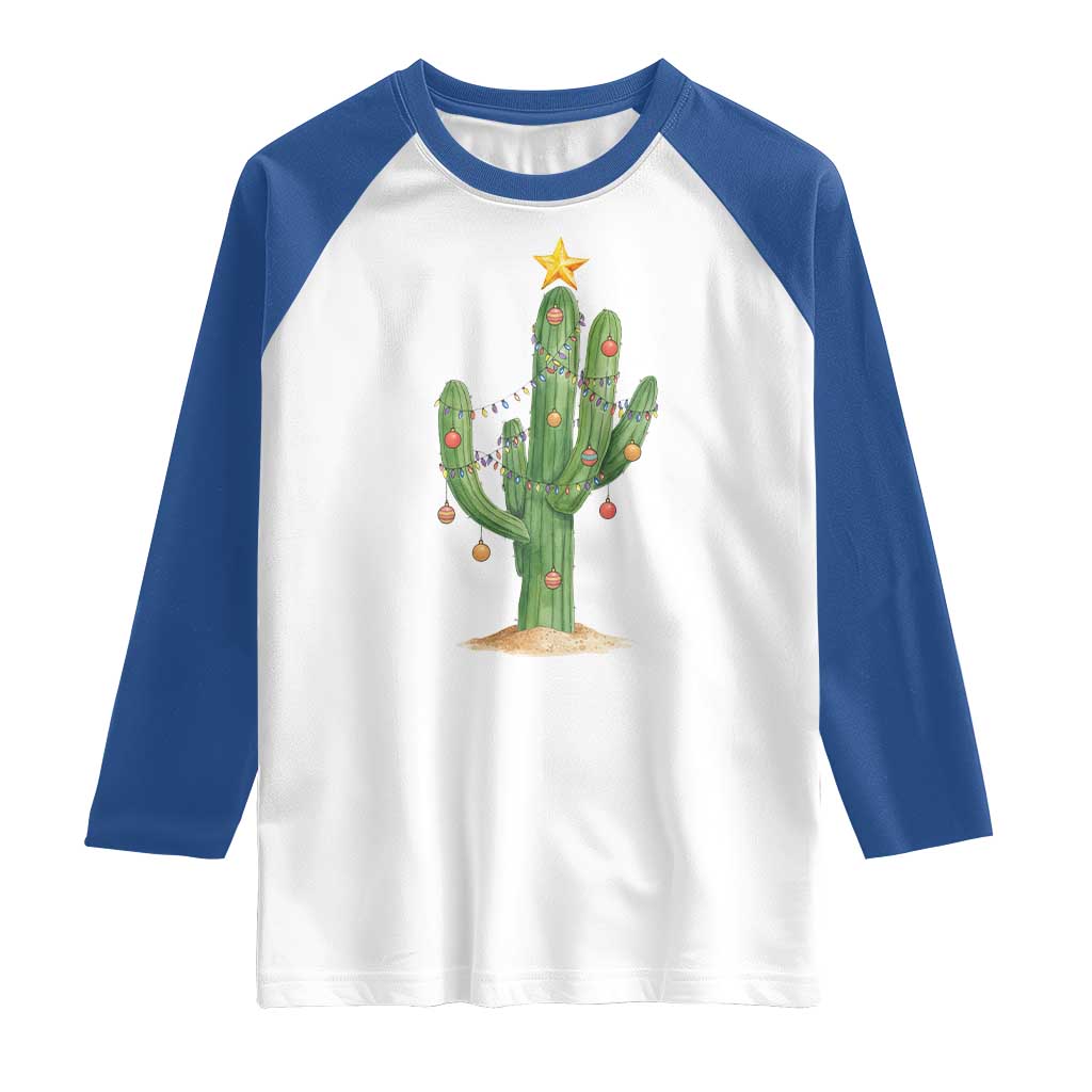 Funny Cactus Christmas Xmas Trees Lights Santa Hat Cactus Lovers Raglan Shirt - Wonder Print Shop