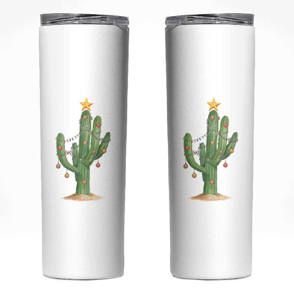 Funny Cactus Christmas Xmas Trees Lights Santa Hat Cactus Lovers Skinny Tumbler - Wonder Print Shop