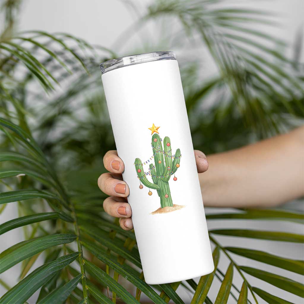 Funny Cactus Christmas Xmas Trees Lights Santa Hat Cactus Lovers Skinny Tumbler - Wonder Print Shop