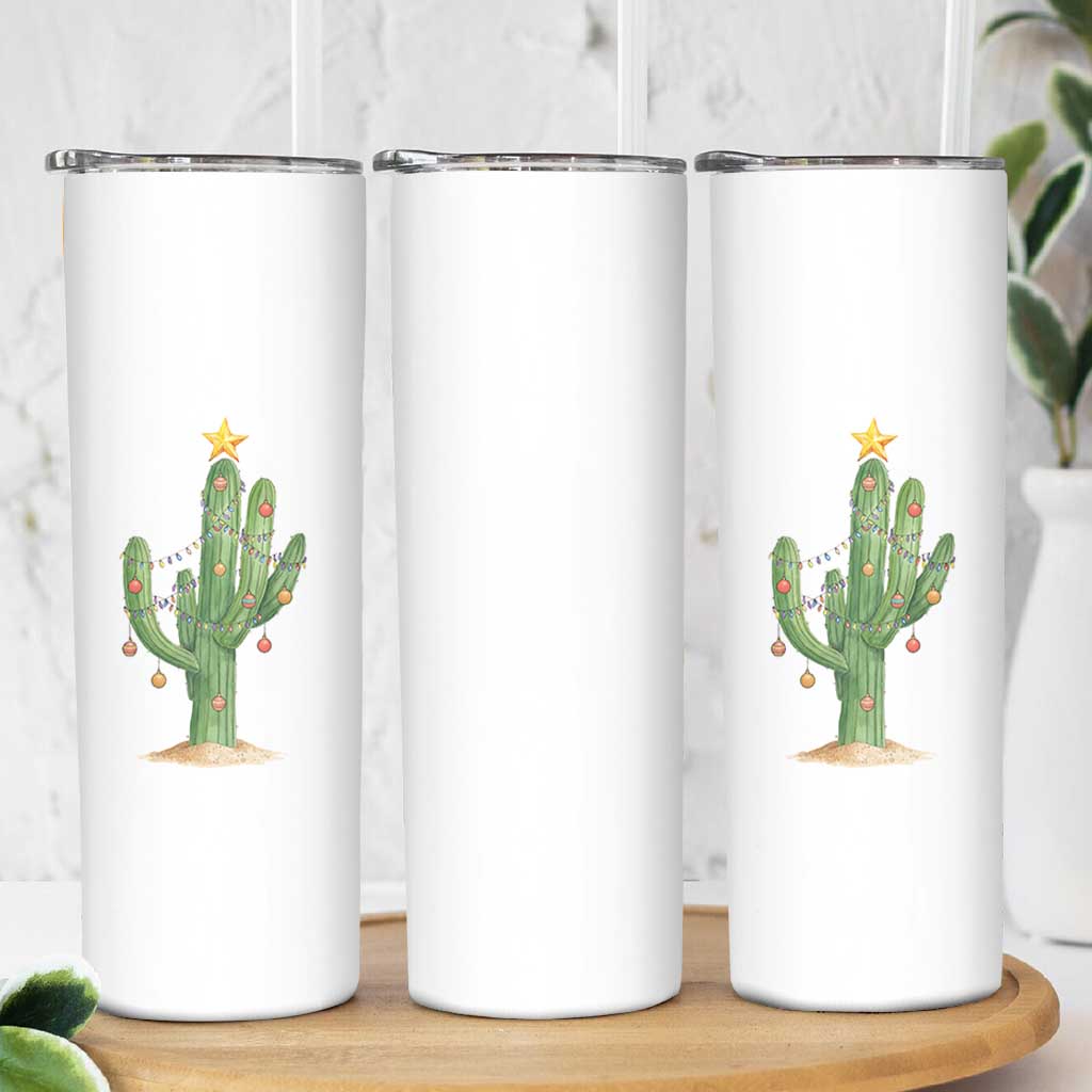 Funny Cactus Christmas Xmas Trees Lights Santa Hat Cactus Lovers Skinny Tumbler - Wonder Print Shop