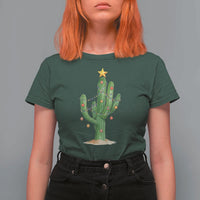 Funny Cactus Christmas Xmas Trees Lights Santa Hat Cactus Lovers T Shirt For Women - Wonder Print Shop