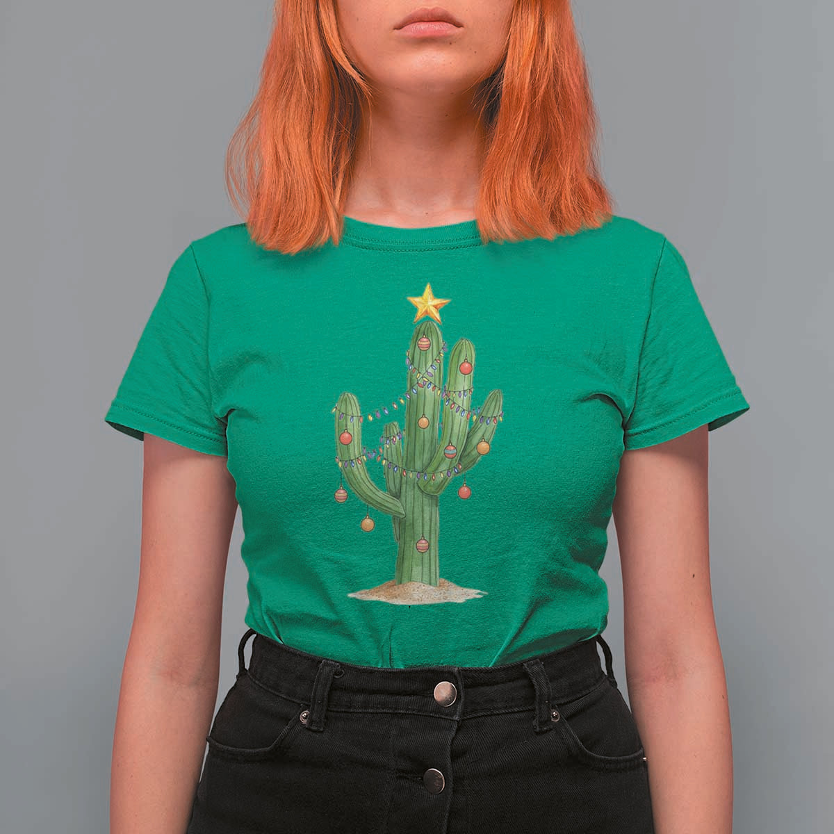Funny Cactus Christmas Xmas Trees Lights Santa Hat Cactus Lovers T Shirt For Women - Wonder Print Shop