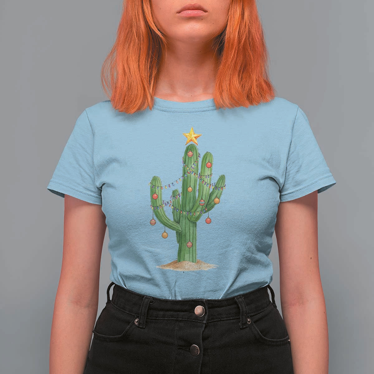 Funny Cactus Christmas Xmas Trees Lights Santa Hat Cactus Lovers T Shirt For Women - Wonder Print Shop