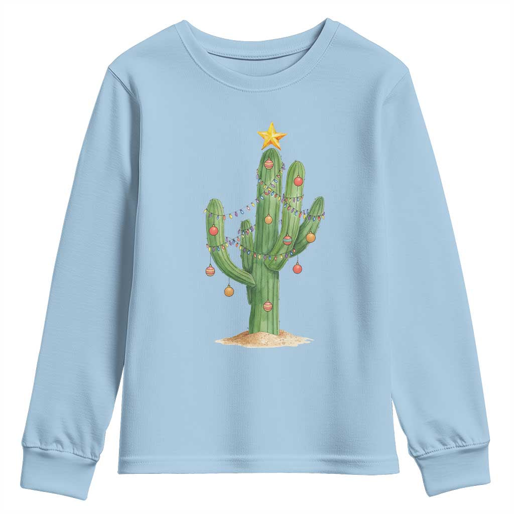 Funny Cactus Christmas Xmas Trees Lights Santa Hat Cactus Lovers Youth Sweatshirt - Wonder Print Shop