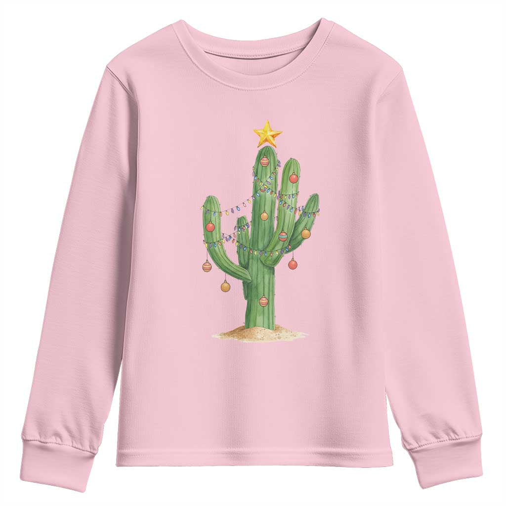 Funny Cactus Christmas Xmas Trees Lights Santa Hat Cactus Lovers Youth Sweatshirt - Wonder Print Shop