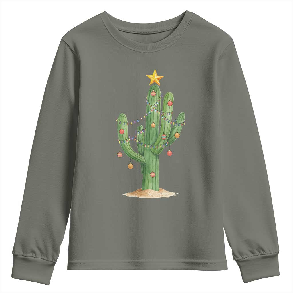 Funny Cactus Christmas Xmas Trees Lights Santa Hat Cactus Lovers Youth Sweatshirt - Wonder Print Shop